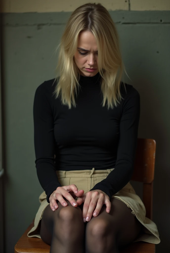 A slim blonde petite 25-year-old woman . She has straight half-long hair. She has a slim slim face with high cheekbones. She is wearing a black turtleneck top.  She is wearing a beige short skirt and black transparent pantyhose. She is sitting on a wooden ...