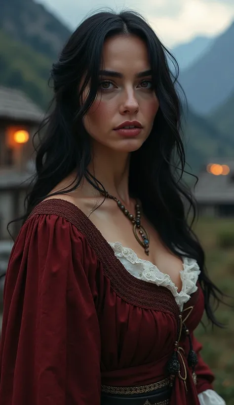  Monica Bellucci、 Seductive Eyes and Lips、Medieval European Village、Deep in the mountains、Village Wife Outfit Long Hair,  big breasts, Village at night