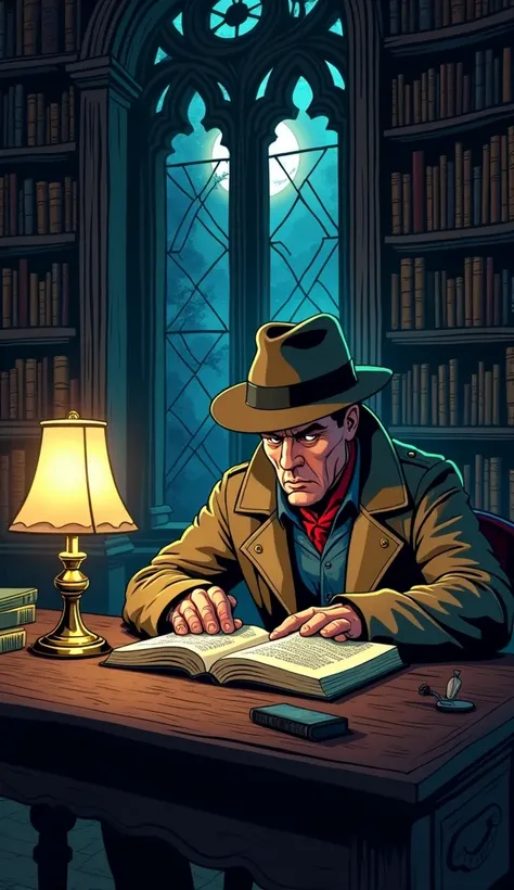 Creat a image for YouTube horror cartoon Create an image for a horror cartoon a detective in a library in a mansion reading a mysterious book and a lamp in the other hand