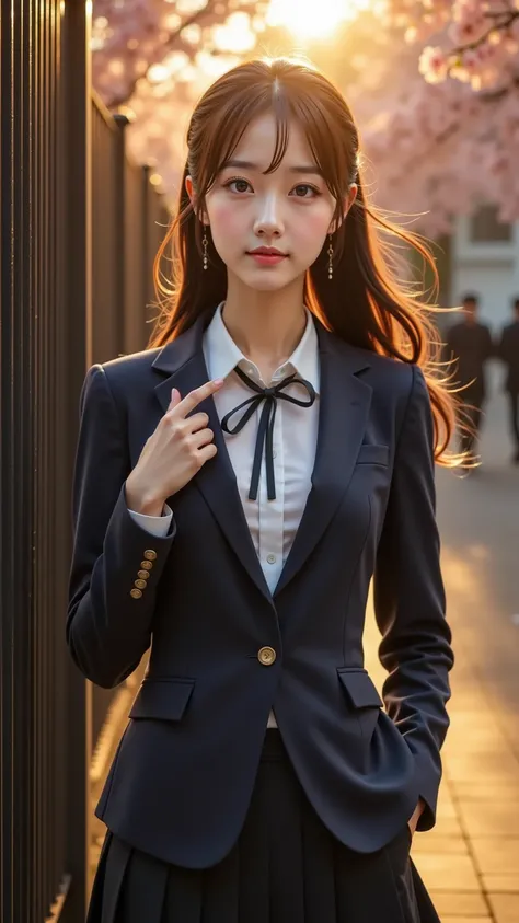 A radiant young woman in an elegant, well-fitted school uniform stands gracefully near the school gate, waiting for someone. Her expression shifts between anticipation, curiosity, and a soft, hopeful smile as she glances around or gently brushes her hair a...