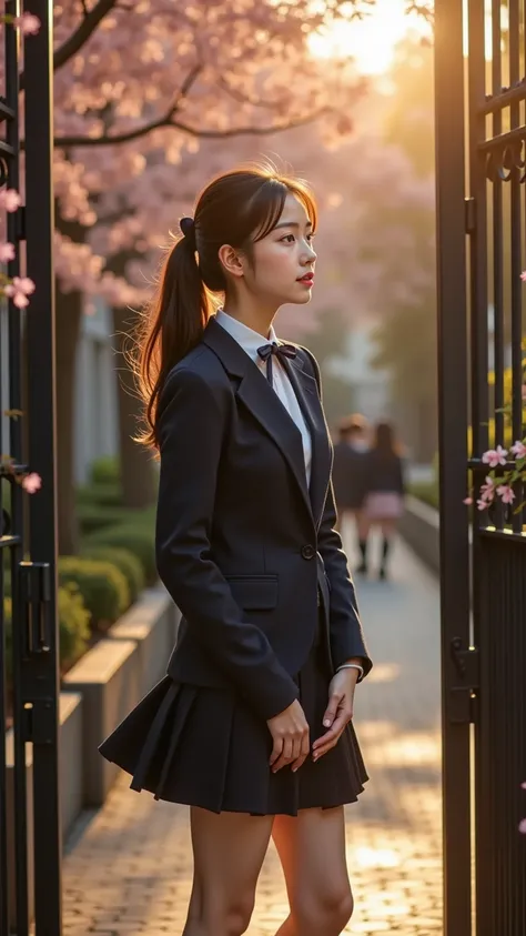 A radiant young woman in an elegant, well-fitted school uniform stands gracefully near the school gate, waiting for someone. Her expression shifts between anticipation, curiosity, and a soft, hopeful smile as she glances around or gently brushes her hair a...