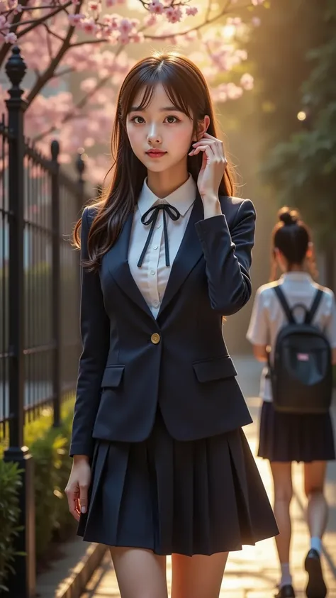 A radiant young woman in an elegant, well-fitted school uniform stands gracefully near the school gate, waiting for someone. Her expression shifts between anticipation, curiosity, and a soft, hopeful smile as she glances around or gently brushes her hair a...