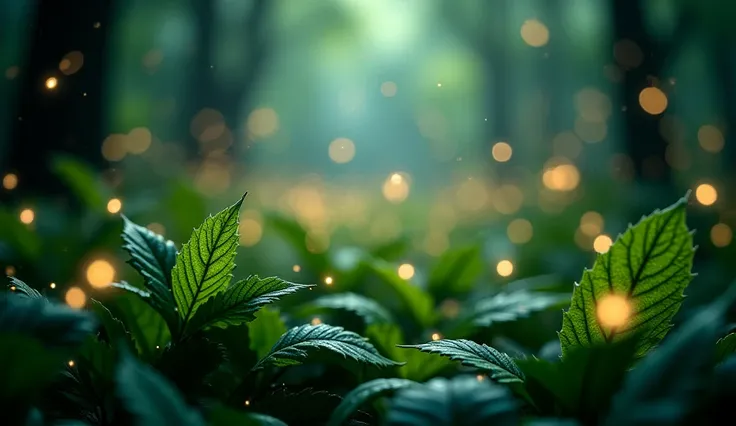 Prompt: "Enchanted forest scene with glowing fireflies hovering over glossy green leaves, hyper-realistic with bokeh light effects."