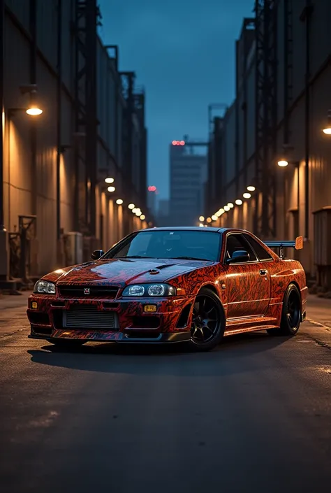 1991 Nissan Skyline GT-R R34、ファイヤーパターンデカールシール、whitebodycollar、Stop at an industrial area at night 。