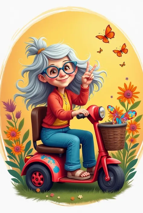  Round image of a little granny who smiles and winks with transparent blue glasses ,  very long hair that flies in the wind dressed in blue jeans ,  who makes a peace and love with her fingers ,  sitting on a disabled electric scooter with 4 red wheels and...