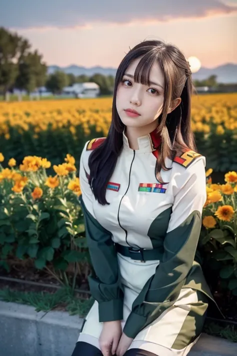  idol reproduced without any sense of incongruity , cute, long hair , straight hair, Round face ,, medium breasts, bust up ,  Masterpiece,  top quality,  high resolution, Please calm down 1,  in the seat,  alone, (black_ pantyhose:1.1), military uniform, m...