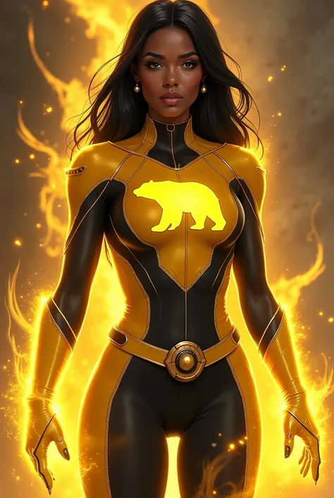 "An earth magic-powered 25-year-old Black female superhero in a golden yellow and black suit with glowing yellow inclusions and bronze details, with a bronze bear symbol on chest, creating a holographic bear made of yellow magic energy. Surrounded by holog...