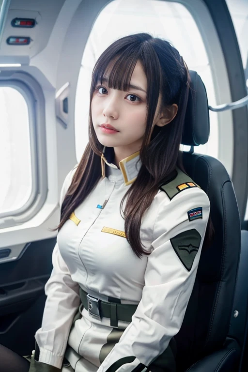  idol reproduced without any sense of incongruity , cute, long hair , straight hair, Round face ,, medium breasts, bust up ,  Masterpiece,  top quality,  high resolution, Please calm down 1,  in the seat,  alone, (black_ pantyhose:1.1), military uniform, m...