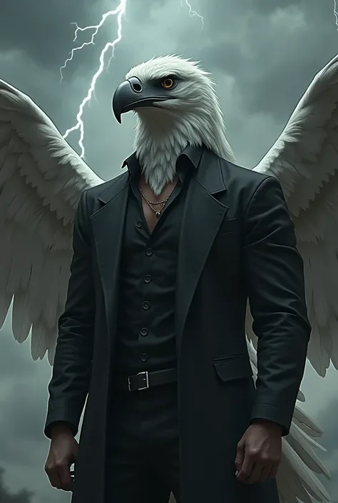 Create a realistic image of a fusion between a mysterious tall white muscular man wearing a black outfit with an eagle 