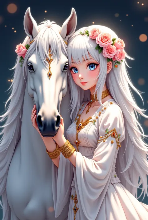 A Japanese anime-style illustration depicts an ethereal portrait of a beautiful young girl embracing a white unicorn. She has long, voluminous white hair, with fluffy bangs perfectly framing her face. Her hair is adorned with delicate pink roses and a soft...