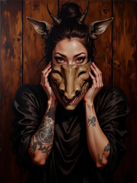  Oil Painting of a Woman Holding an Aragami Mask on Her Face ,The mask covers the face ,Wearing a wooden mask ,木製の wearing a wooden mask , Oil Painting , music video stills .Cover your face with your tattooed hands,Oil Coloring Art , wearing a wooden mask ...