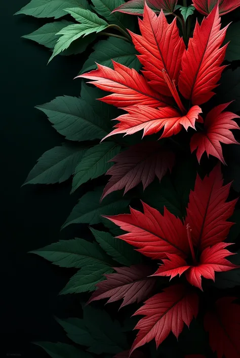  wallpaper, on black background,  intense cold and warm colors ,  layer of large intense red leaves and large intense greens , abstract+photorealistic,  only large leaves ,  only deep red and green 