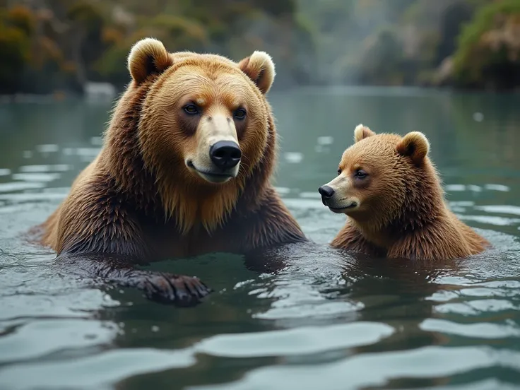 photorealistic,” A parent and  of wild brown bears soaking in natural Hot Springs water to heal their fatigue”、Brown bear parents and ren have a relaxed posture like humans、Depiction of hot water smoke 、 close-up、