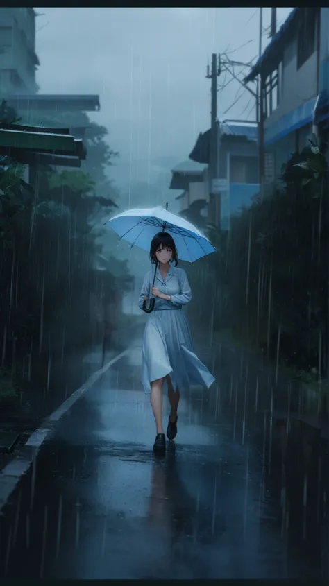 anime girl, in the middle of the road , rainy season, with a umbrella, raining, beautiful sky, ultra realistic 8k quality, 