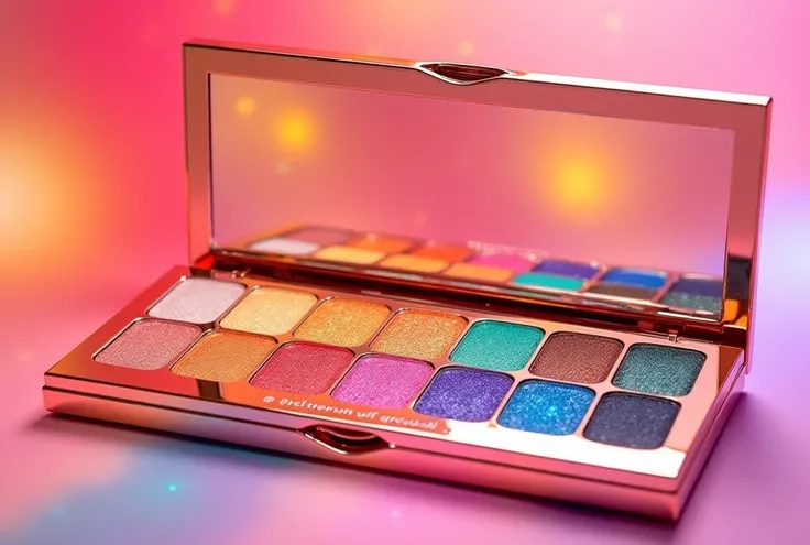  IMAGE OF A 9-COLOR RAINBOW-LIKE SHADOW PALETTE,K OF BRIGHT COLORS IN ROSE GOLD PACKAGING  