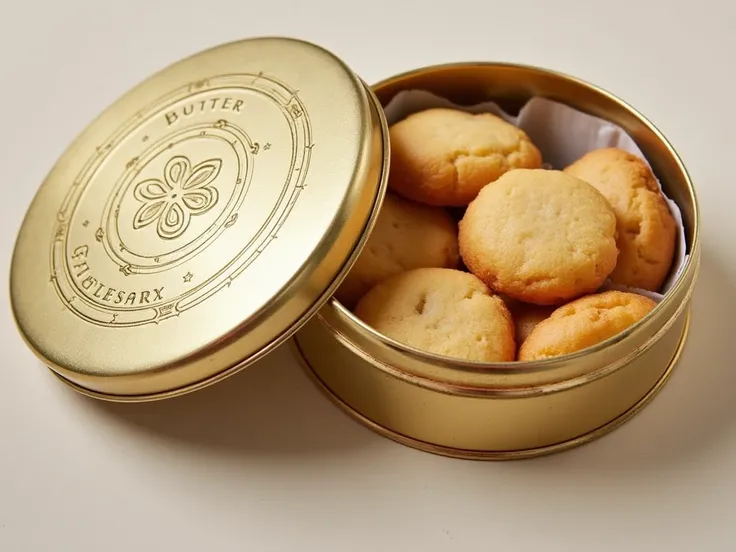 Butter cookies are beautifully presented in a metallic tin with an embossed design. The luxurious packaging, combined with the golden cookies inside, creates an irresistible gift-ready look perfect for special occasions.