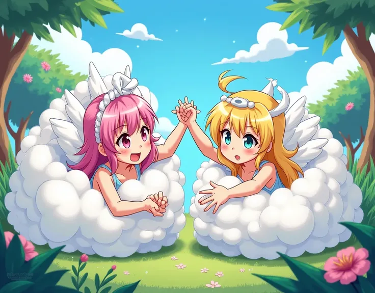 An anime-style illustration depicting many angel-girls playfully wrestling with each other inside a paradise comical fight cloud.
each angel-girl has different colored hair.
their faces,hands,and feet are visible emerging from the cloud as they tussle humo...