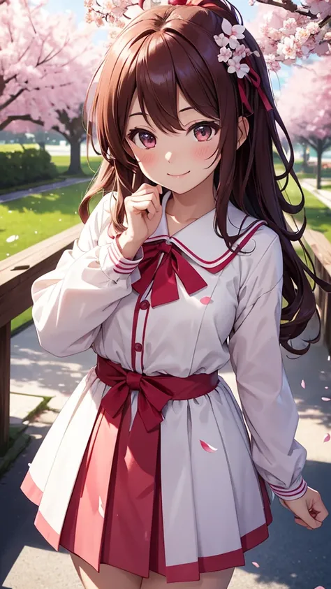 CG, Unity, 8k,  wallpaper,  top quality,  Masterpiece, Amami Haruka, (smile: 1.2), Clasp your hands and bring them in front of your chest, , Best lighting, Complex pupil, Complex weaving,  detailed biography ,  school uniform,  Long Sleeve, Small symmetric...