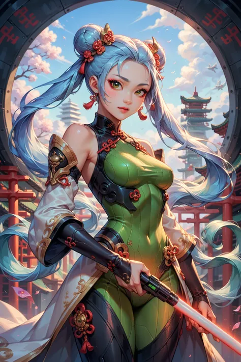 Best quality, beautiful (Asian:2) woman, light blue hair,pigtails, Chinese hair buns and ornaments, Green eyes,Colossal ,White Cybersuit,Bodysuits, battle boots, holding lightsaber, spaceship at the background in the space