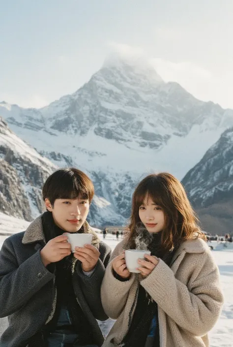 Man and woman relaxing while drinking coffee in snowy mountains