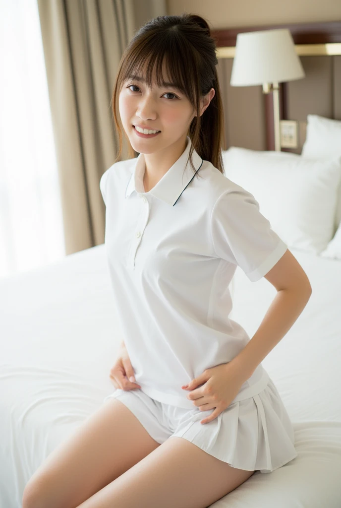 (Masterpiece, Best quality: 1.4), (Ultra realistic, Photo-realistic: 1.2), (nsfw: 1.2), (Full body:1.1), Natural light, 28 years old actors, Japanese woman, Neat and clean, ((Wearing white tennis uniform, White short-sleeve polo shirt with collar: 1.3)), (...