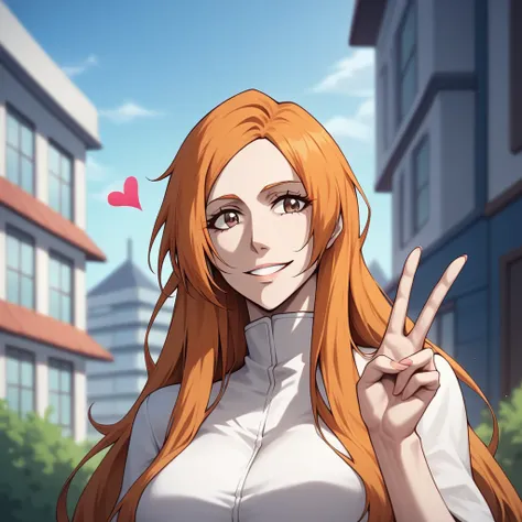  Masterpiece,  top quality,  GREAT QUALITY,  very aesthetic,   is ridiculous,  latest, scenery, very detailed from outside the window, high resolution, close-up portrait,woman,woman,Orihime Inoue, bleach, orange hair, long hair, brown eyes, white skin,Shin...