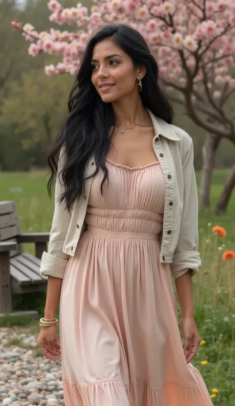  A stunning Latin woman ,  long straight black hair ,  walks through a flowery park in spring ,  smiling softly without showing her teeth.  She wears a loose midi dress , sem decotes, in pastel tones, and a light cotton jacket .  Small gold earrings and a ...