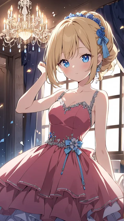 Party Hall 、 chandelier、 prom dress、 Soft Light Through Window、 1 girl,  blue eyes,  blonde、 anime style