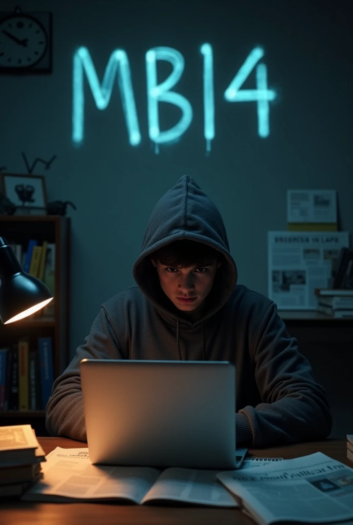 Create a picture like this. Let there be a picture written on the back wall saying MB14. A boy should wear a hoodie in the office and shoot in the dark. Let his face not be seen in front of the notebook. Let there be books and newspapers.