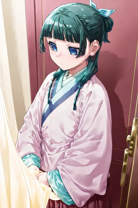 NSFW, Masterpiece, top quality, high resolution, very detailed,maomao、 long hair、bangs、 blue eyes、 hair ornament、 green hair、鈍いbangs、Freckles、 bun hair、 single bun, kimono、Robe、緑のRobe、 Long Sleeve、Wide sleeve、 skirt、赤い skirt,harem