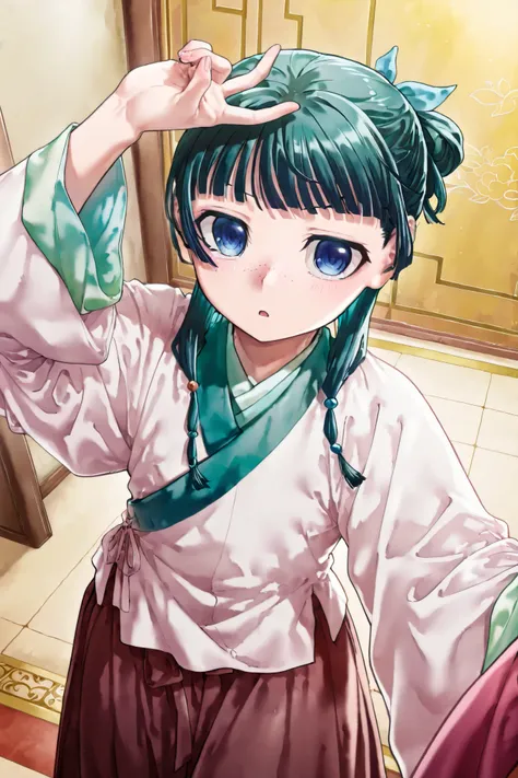 NSFW, Masterpiece, top quality, high resolution, very detailed,maomao、 long hair、bangs、 blue eyes、 hair ornament、 green hair、鈍いbangs、Freckles、 bun hair、 single bun, kimono、Robe、緑のRobe、 Long Sleeve、wide sleeve 、 skirt、赤い skirt,harem