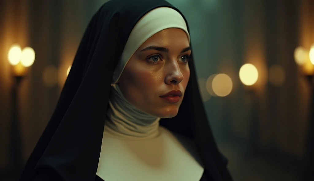 cinematic film still narkiss as a nun shallow depth of field, vignette, highly detailed, high budget, bokeh, cinemascope, moody, epic, gorgeous, film grain, grainy