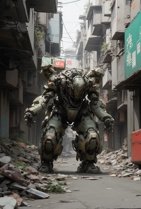  in the back alley、Resource recovery robots are collecting scrap。Robots are humanoid、 The silhouette is curved、The color is urban camouflage 。Robots don't have faces、There is no neck 。 The robot's legs are thick and curved、Hands are thick and curved。The ro...