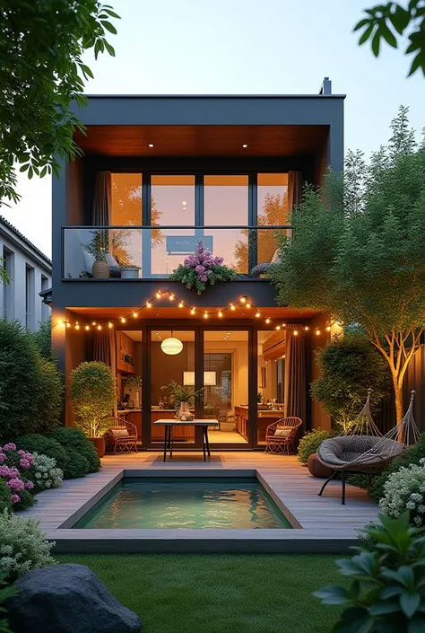 Nice house in the city with large windows, garden with table and chairs,  Light garland , small pool and hammock and flowers