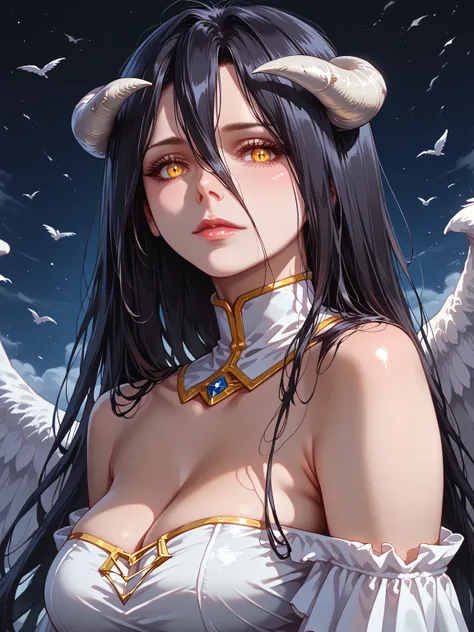 //Quality,
masterpiece, best quality, detailed
,//Character,
1girl, solo
,//Fashion,
,//Background,
,//Others,
,Albedo \(overlord\), 1girl, long hair, black hair, hair between eyes, golden eyes, slit pupils, white horns, curved horns, fallen angel,  white ...