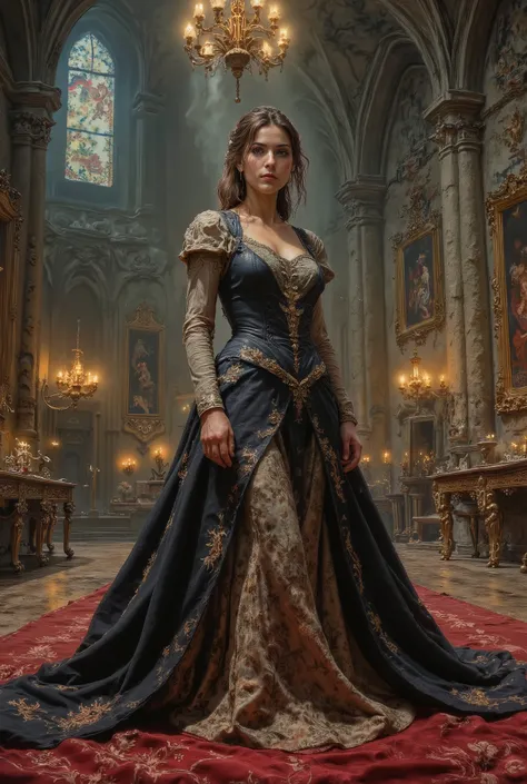 epic fantasy art, Beautiful woman in a medieval costume inside a castle, High Shape Details , Cinematic look 