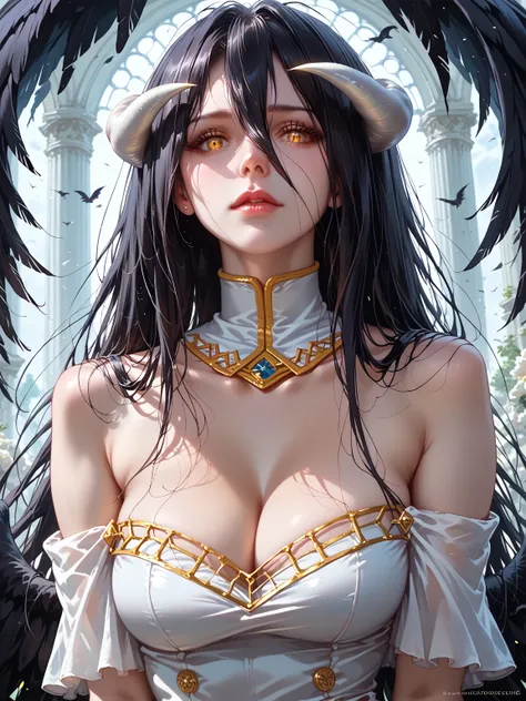 //Quality,
masterpiece, best quality, detailed
,//Character,
1girl, solo
,//Fashion,
,//Background,
,//Others,
,Albedo \(overlord\), 1girl, long hair, black hair, hair between eyes, golden eyes, slit pupils, white horns, curved horns, fallen angel,  white ...