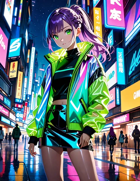 (highest quality、4K、8K、High resolution、masterpiece:1.2)、Super detailed、(anime style、photorealistic:1.37)、girl in neon clothes、transparent green jacket、 black pleaded skirt、miniskirt、black biker shorts、bare legs、purple hair、swept bangs、long hair、ponytail、br...