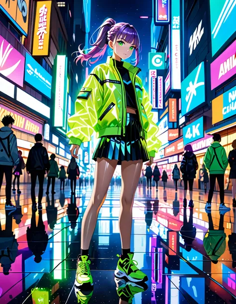 (highest quality、4K、8K、High resolution、masterpiece:1.2)、Super detailed、(anime style、photorealistic:1.37)、girl in neon clothes、transparent green jacket、 black pleaded skirt、miniskirt、black biker shorts、bare legs、purple hair、swept bangs、long hair、ponytail、br...