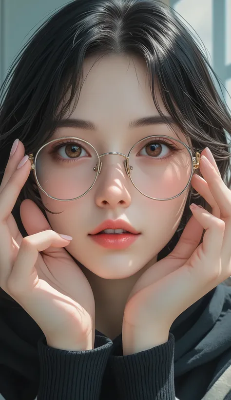 beautiful hands, transparent nails, Glossy nails, boyish girl with short hair, black hair, detail eyes, nose, lips and, Plain clothing, Half of a woman's face while holding a glasses, glasses( top quality ,4K, 8k, high resolution, masterpiece:1.2), ultra ...