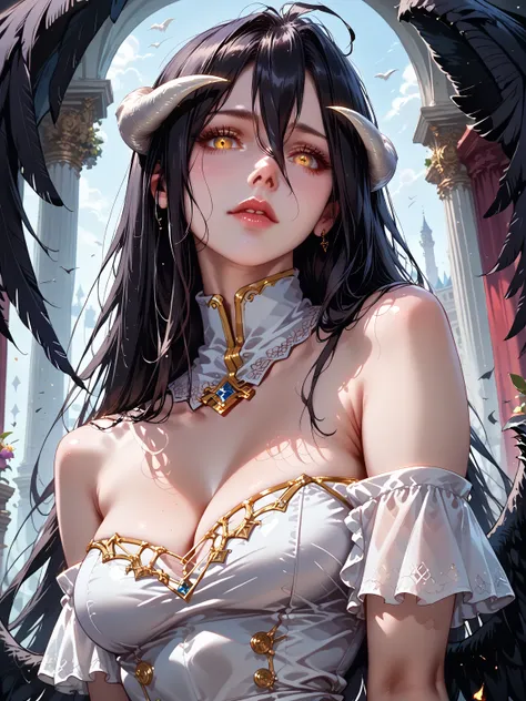 //Quality,
masterpiece, best quality, detailed
,//Character,
1girl, solo
,//Fashion,
,//Background,
,//Others,
,Albedo \(overlord\), 1girl, long hair, black hair, hair between eyes, golden eyes, slit pupils, white horns, curved horns, fallen angel,  white ...