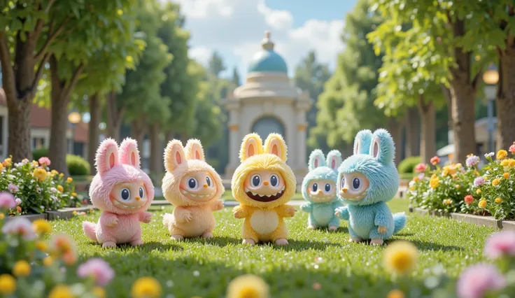 Labubu are small, fluffy creatures with soft fur like plush toys.

Each has a unique bright color: pink, pastel blue, bright yellow, mint green, and soft purple.

They stand on green grass with a beautiful park background, including shady trees and colorfu...