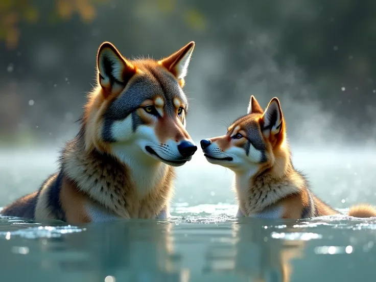 photorealistic,“A parent and  of wild wolves soaking in natural Hot Springs water to heal their fatigue”、Do wolf parents and ren have a relaxed posture like humans、Depiction of hot water smoke 、 close-up、