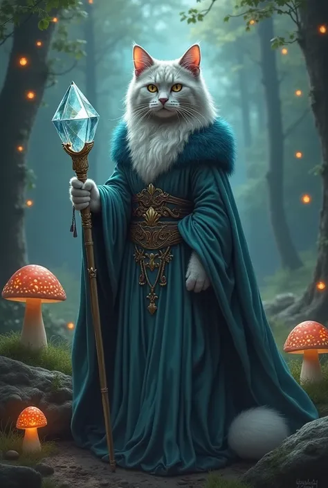 Prompt:**  
*"A majestic silver-furred cat standing like an elven queen, wearing a flowing velvet cloak and holding a crystal staff, magical forest backdrop with glowing mushrooms, high-fantasy digital painting."*  