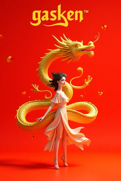 A beautiful girl's 3D avatar is surrounded by a golden dragon, red background, Spring Festival atmosphere. With “GASKEN” written in big and bold yellow letters at the back