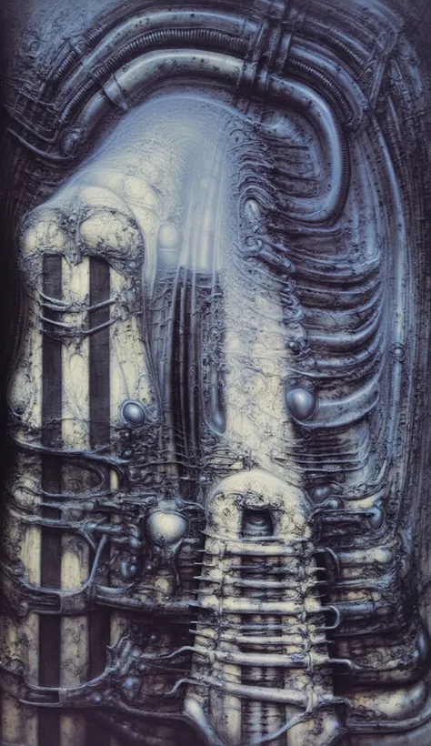 DARK BLACK COLORS, Giger_style, H. R. Giger's g1g3r, , Giger_style, The image is a detailed view of H.R. Giger's \" HRG Aleph \" plate, featuring ( The image depicts a surreal, intricate artwork featuring two humanoid figures with mechanical or industrial ...