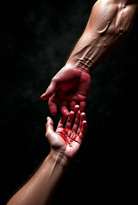 Create an image of a strong muscular Veiny hand reaching out to help someone with a smaller hand.Make it on a  black background with drugs,blood and some ripped sexy clothing