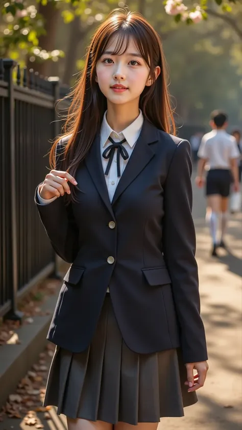 A radiant young woman in an elegant, well-fitted school uniform stands gracefully near the school gate, waiting for someone. Her expression shifts between anticipation, curiosity, and a soft, hopeful smile as she glances around or gently brushes her hair a...