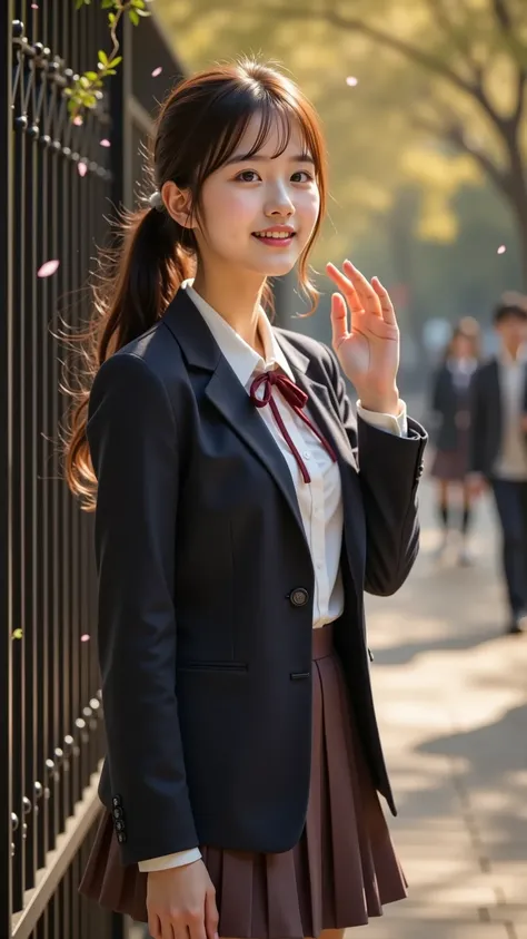 A radiant young woman in an elegant, well-fitted school uniform stands gracefully near the school gate, waiting for someone. Her expression shifts between anticipation, curiosity, and a soft, hopeful smile as she glances around or gently brushes her hair a...