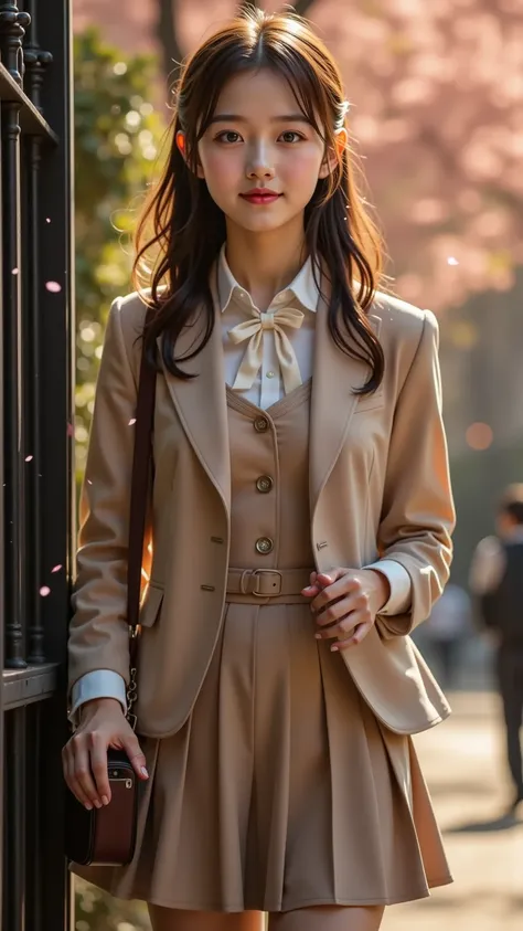 A radiant young woman in an elegant school uniform stands near the school gate, waiting for someone on her first date. Her expression shifts between anticipation, slight nervousness, and a soft, excited smile as she checks her phone, adjusts her hair, or g...